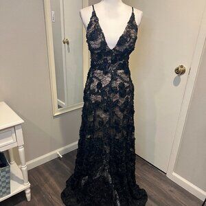 Xscape Black Floral Applique Gown with Nude Slip, Size 4